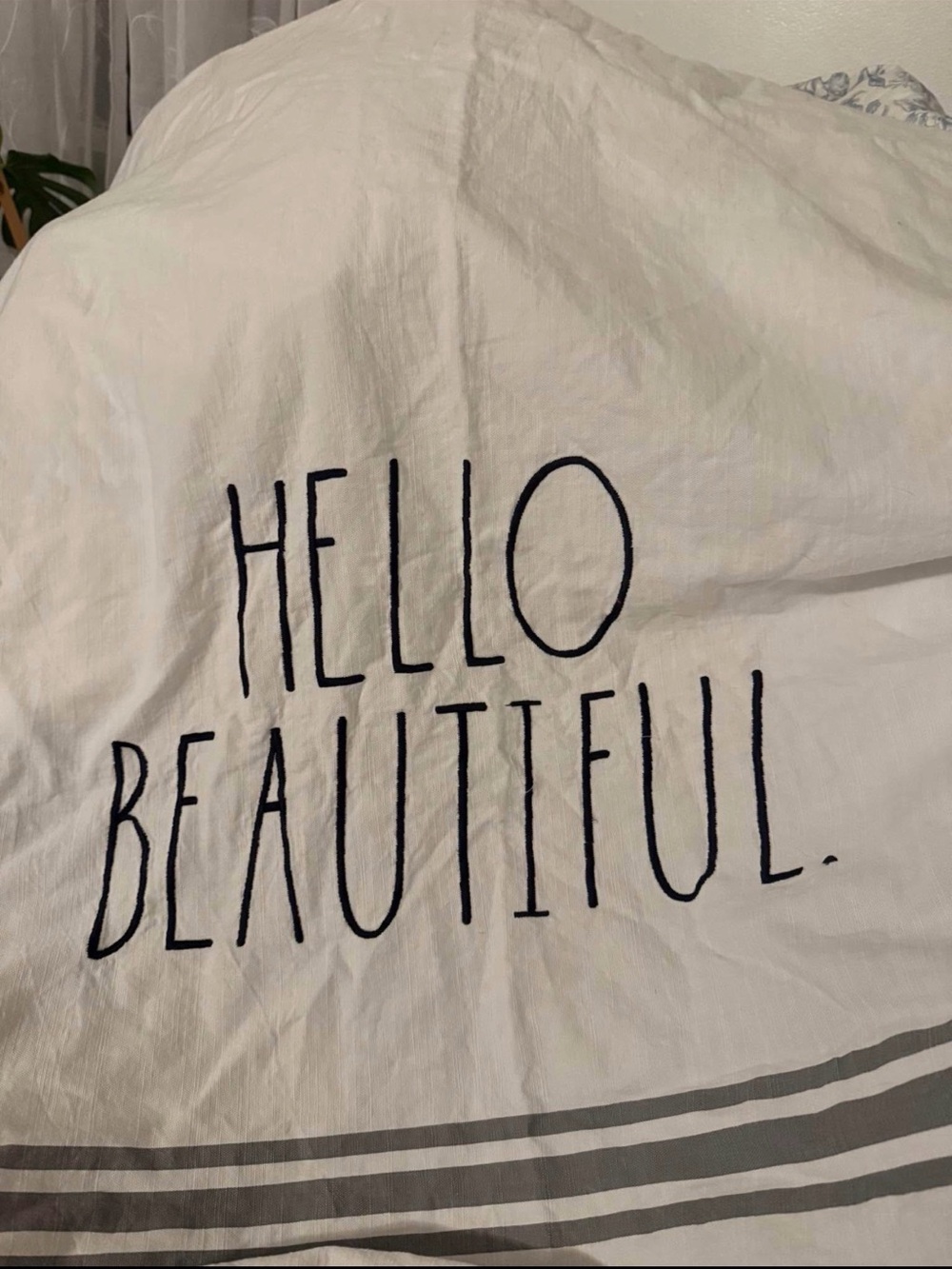 Rae Dunn White Duvet Cover with Black 'HELLO BEAUTIFUL' Script